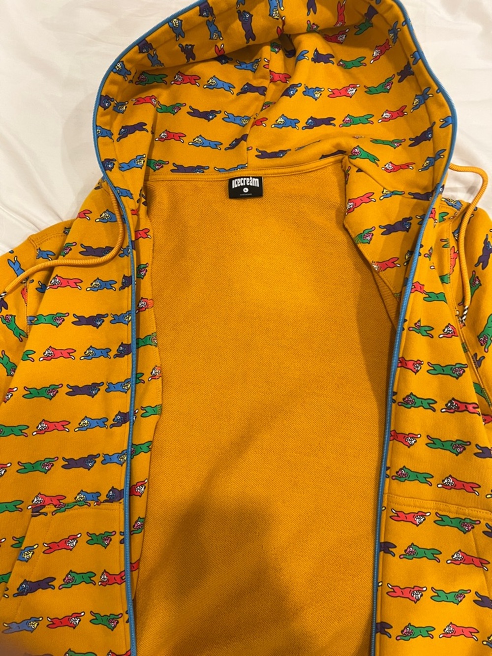 Icecream Mens Mustard Yellow Hooded Jacket with Multi-Color Running Dog Print